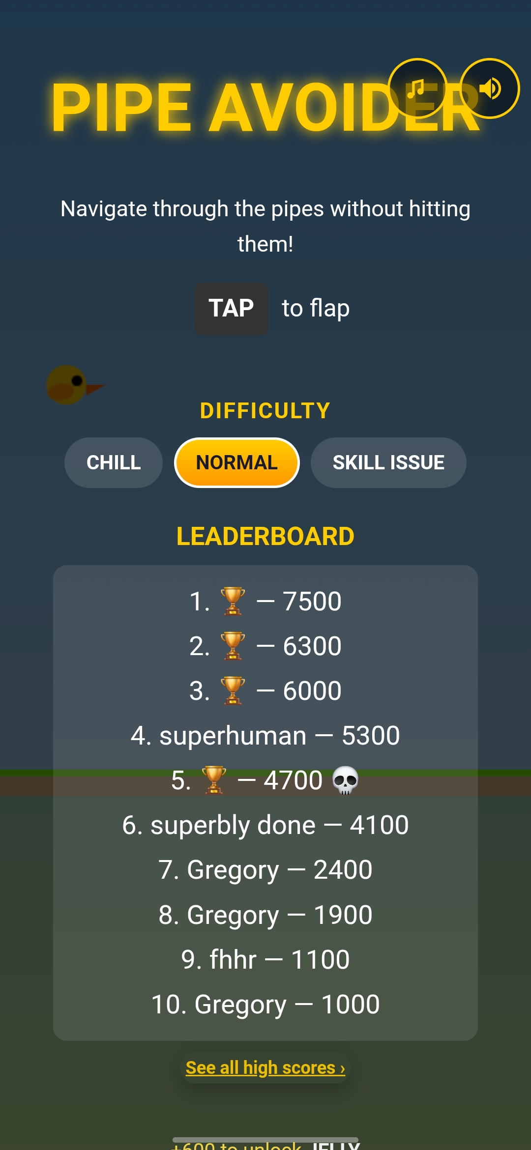 Pipe Avoider main menu with difficulty options and leaderboard