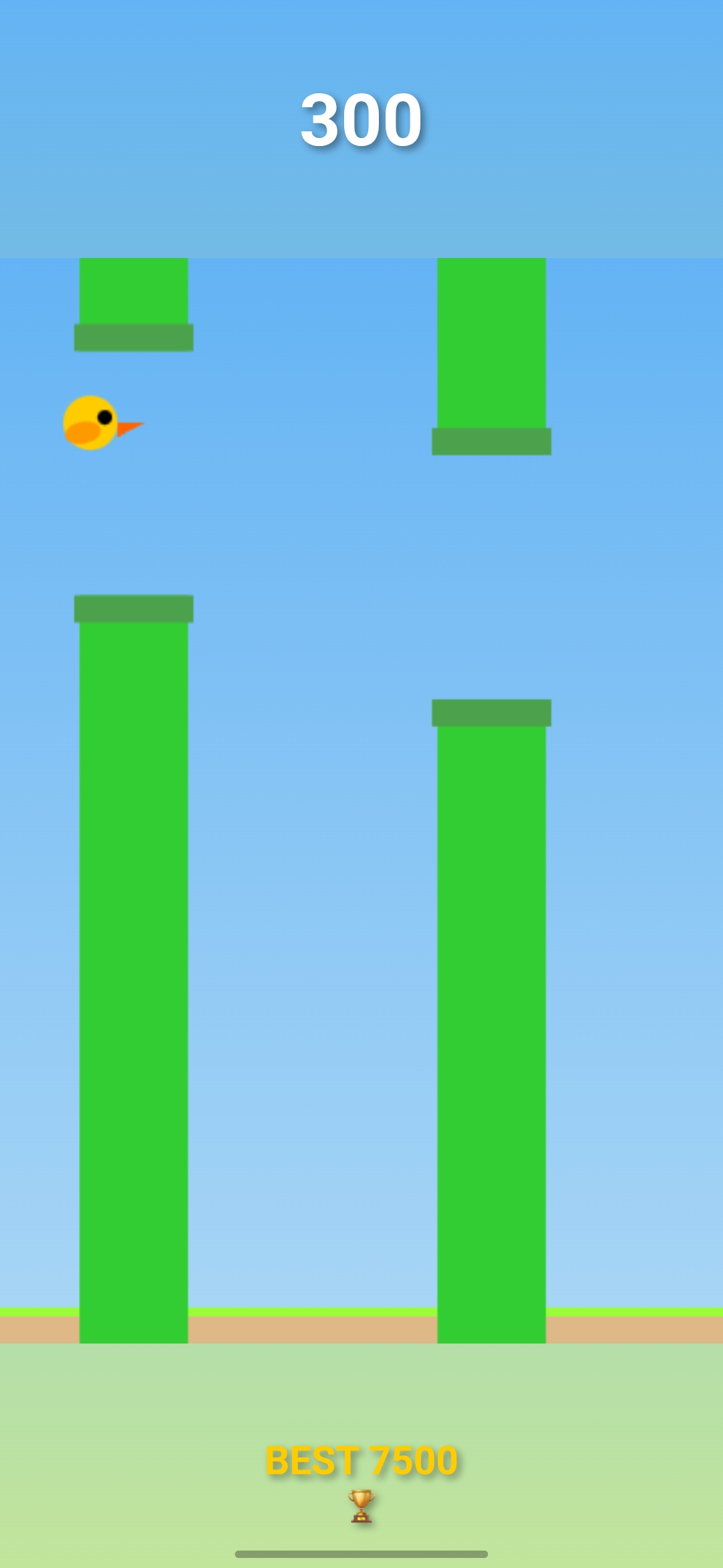 Birdie character flying past green pipes, score 300