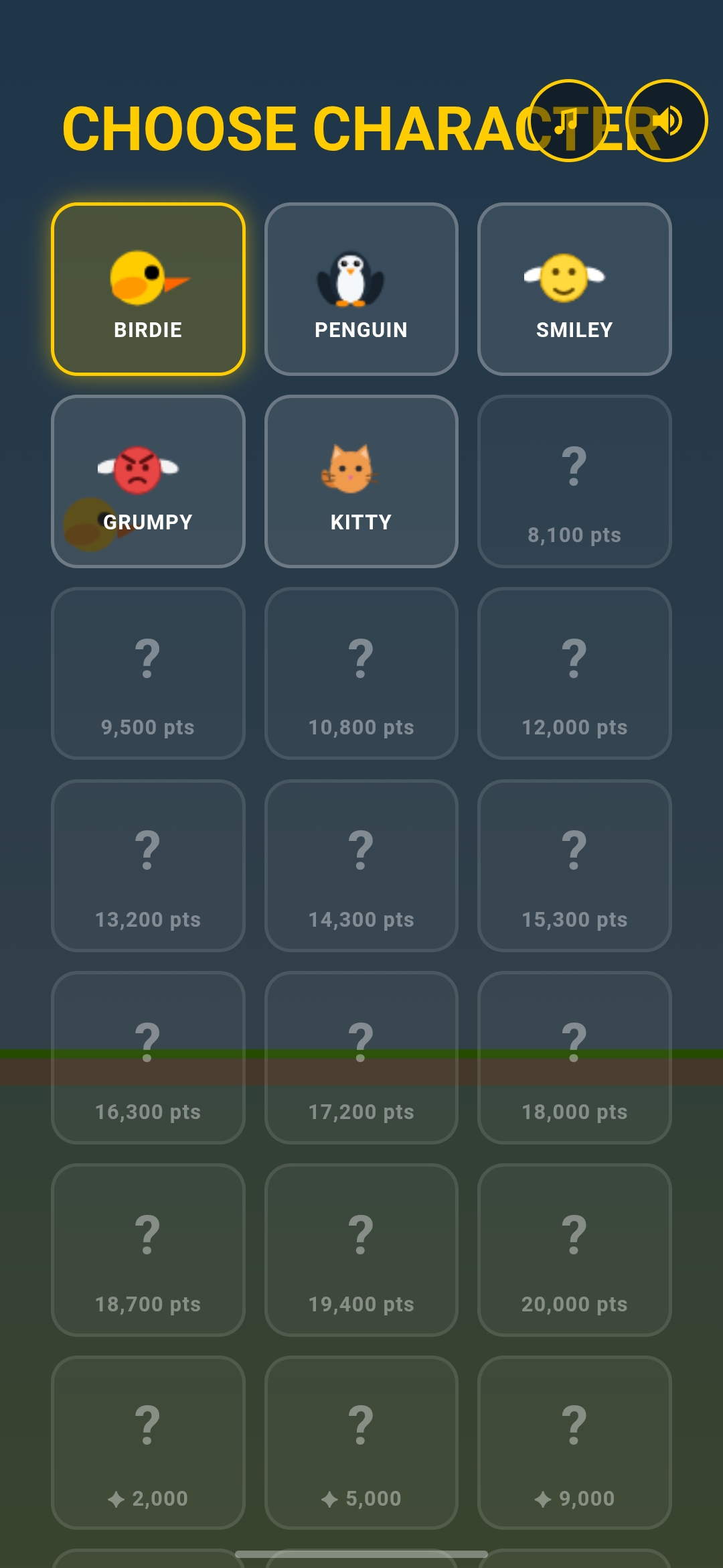 Choose character screen with unlockable characters