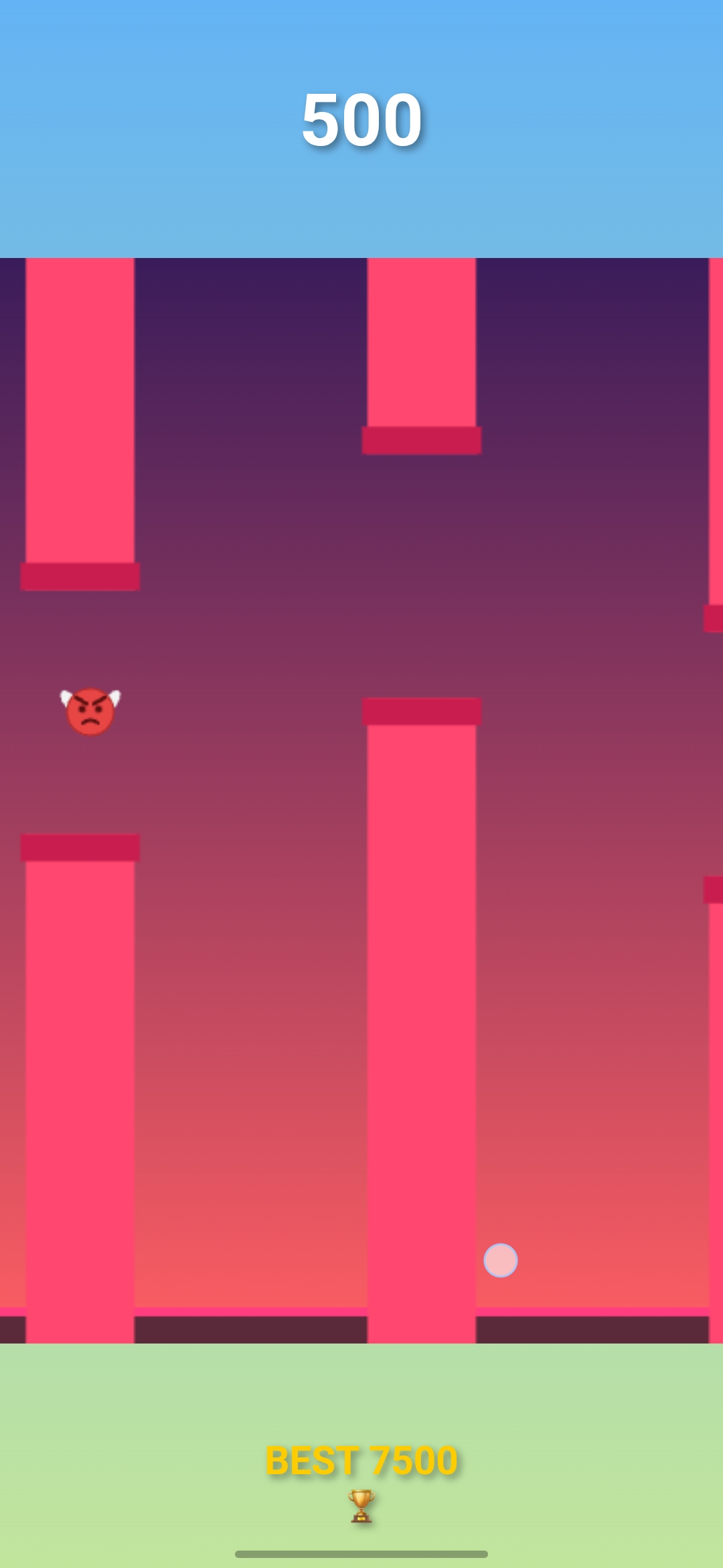 Grumpy character on a red stage, score 500