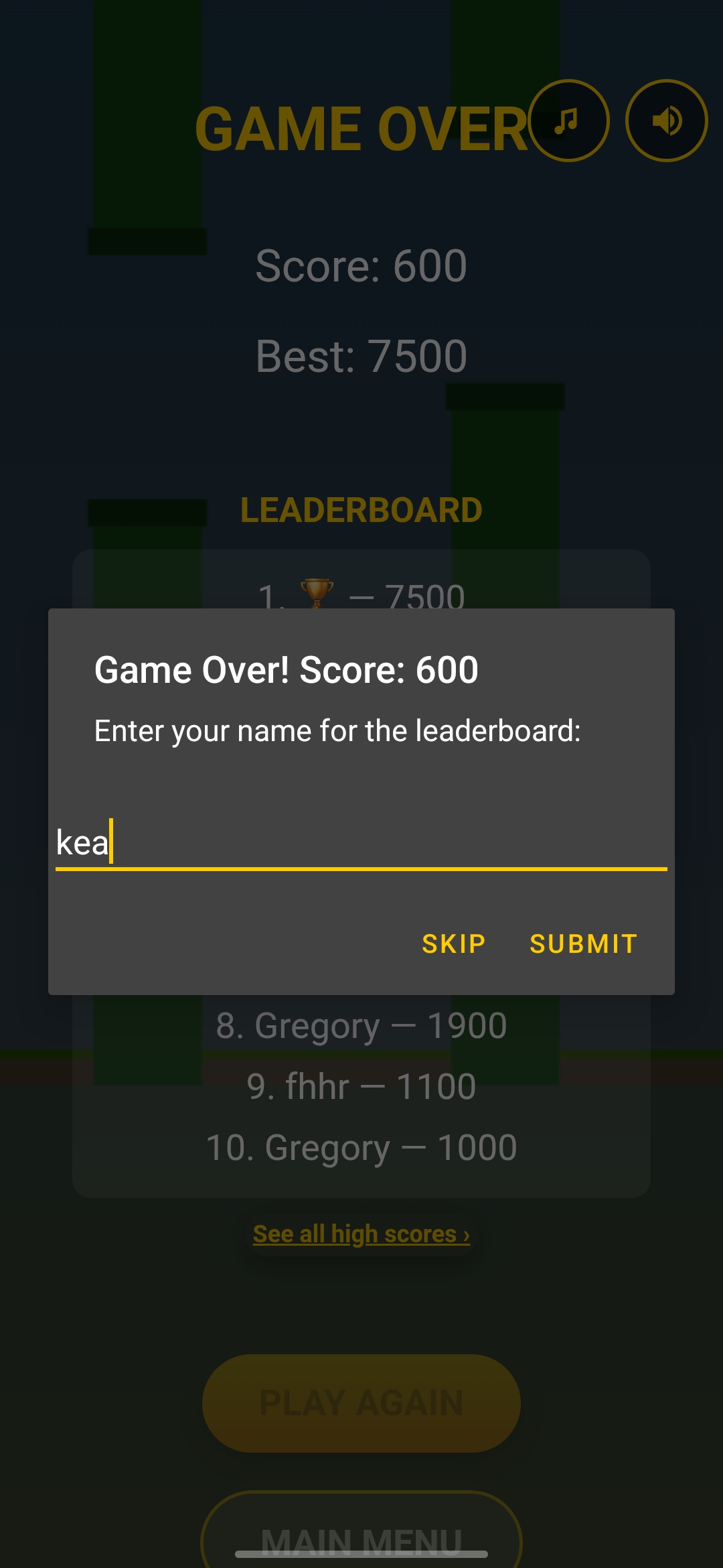 Game over screen submitting a score to the leaderboard
