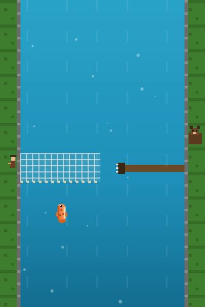 Threading a fishing net while a bear swipes from the bank